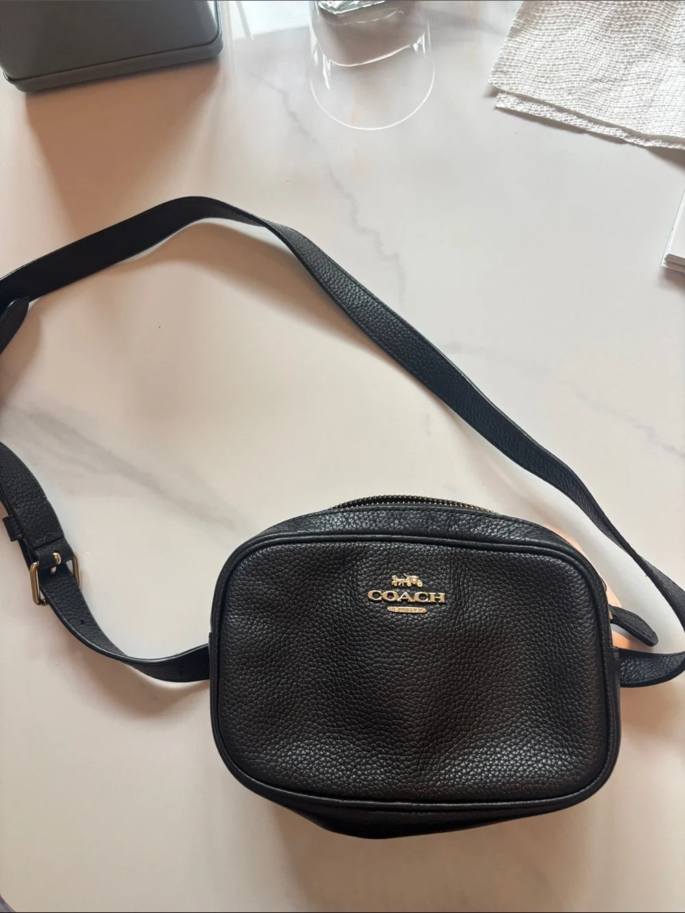 Coach Black Pebbled Leather Crossbody Camera Bag with Gold Logo